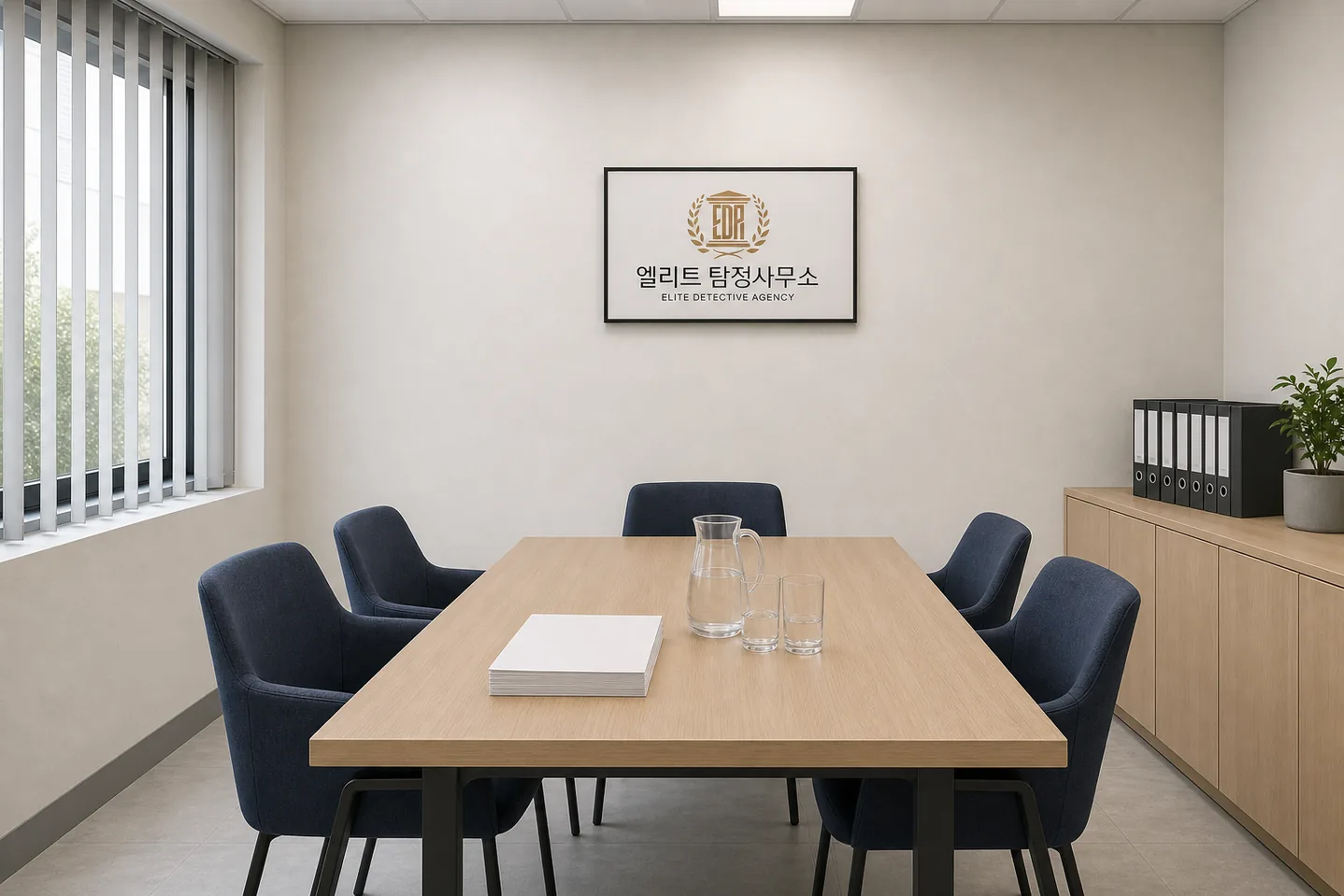 짙은 남색 의자 여섯 개와 원목 테이블이 놓인 회의실, 안쪽 벽에 엘리트 탐정사무소 로고 액자가 걸려 있다