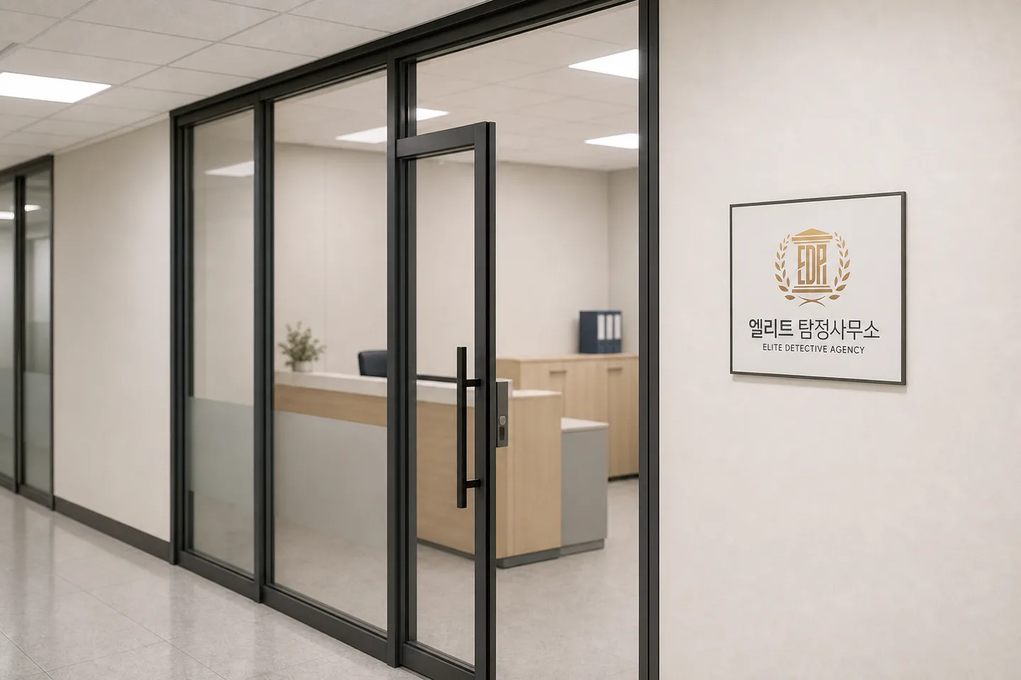 유리 파티션 너머로 리셉션 데스크가 보이는 사무소 입구, 오른쪽 벽에 엘리트 탐정사무소 로고 사인이 걸려 있다